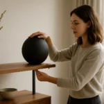 Žena umiestňujúca protizávažie na drevený nábytok v modernom interiéri