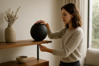 Žena umiestňujúca protizávažie na drevený nábytok v modernom interiéri