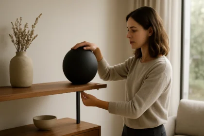 Žena umiestňujúca protizávažie na drevený nábytok v modernom interiéri