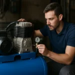 Muž kontroluje piestový kompresor v dielni.