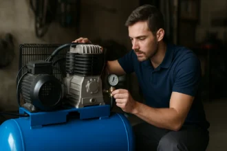 Muž kontroluje piestový kompresor v dielni.