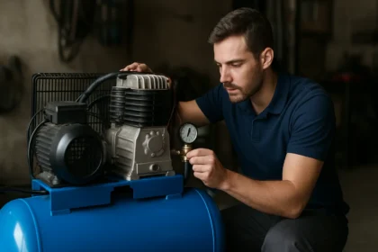 Muž kontroluje piestový kompresor v dielni.