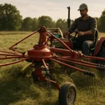 Fungovanie hviezdicového obracača sena na poli