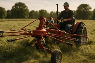 Fungovanie hviezdicového obracača sena na poli
