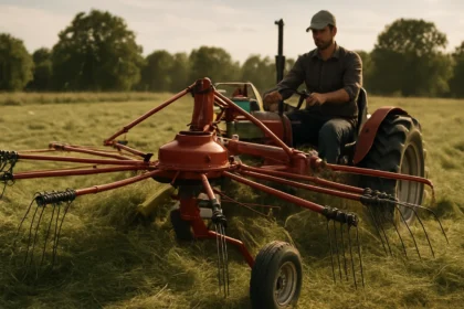 Fungovanie hviezdicového obracača sena na poli