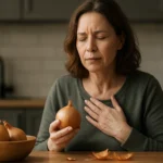 Žena drži cibuľu, premýšľa o jej zdravotných výhodách.