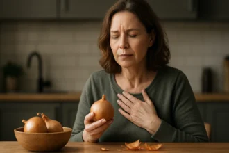 Žena drži cibuľu, premýšľa o jej zdravotných výhodách.