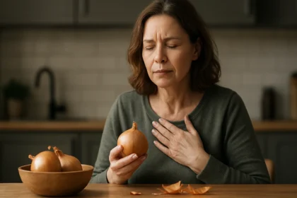 Žena drži cibuľu, premýšľa o jej zdravotných výhodách.