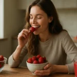 Žena si vychutnáva čerstvé jahody a smoothie v kuchyni.