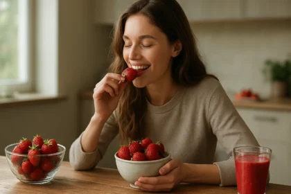 Žena si vychutnáva čerstvé jahody a smoothie v kuchyni.