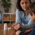 Matka podáva tabletku Ritalinu svojmu synovi na liečbu ADHD.