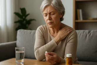 Staršia žena užíva kolchicín na zníženie zápalu počas dnavého záchvatu.