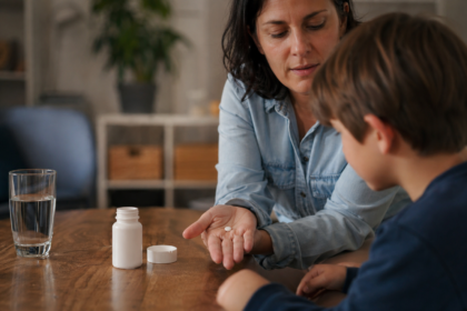 Matka podáva tabletku Ritalinu svojmu synovi na liečbu ADHD.
