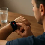 Muž s inteligentnými hodinami na zápästí sleduje aktivitu a zdravie.