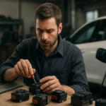 Technik upravuje EV relé na stole s počítačom v pozadí.