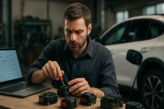 Technik upravuje EV relé na stole s počítačom v pozadí.