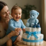 Plienková torta pre chlapca s hračkou a modrými topánkami.