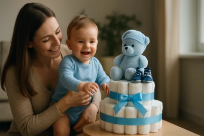 Plienková torta pre chlapca s hračkou a modrými topánkami.