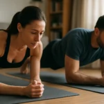 Dvojica cvičencov vykonáva plank na cvičebných podložkách v interiéri.