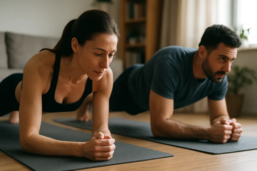 Dvojica cvičencov vykonáva plank na cvičebných podložkách v interiéri.