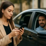 Žena používa aplikáciu na rezerváciu Uberu pred príchodom vodiča.