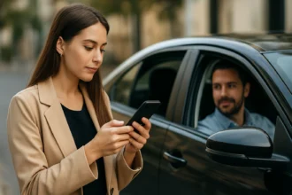 Žena používa aplikáciu na rezerváciu Uberu pred príchodom vodiča.