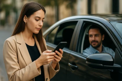 Žena používa aplikáciu na rezerváciu Uberu pred príchodom vodiča.
