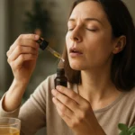 Žena aplikuje kvapky Ezerjófű pre duševnú rovnováhu.