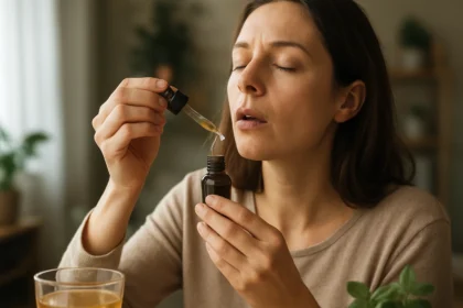 Žena aplikuje kvapky Ezerjófű pre duševnú rovnováhu.