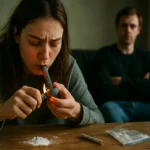 Žena užívajúca drogu GINA s mužom v pozadí