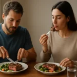 Muži a ženy si vychutnávajú hovädzie mäso so zeleninou pri jedle.