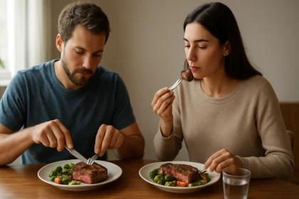 Muži a ženy si vychutnávajú hovädzie mäso so zeleninou pri jedle.