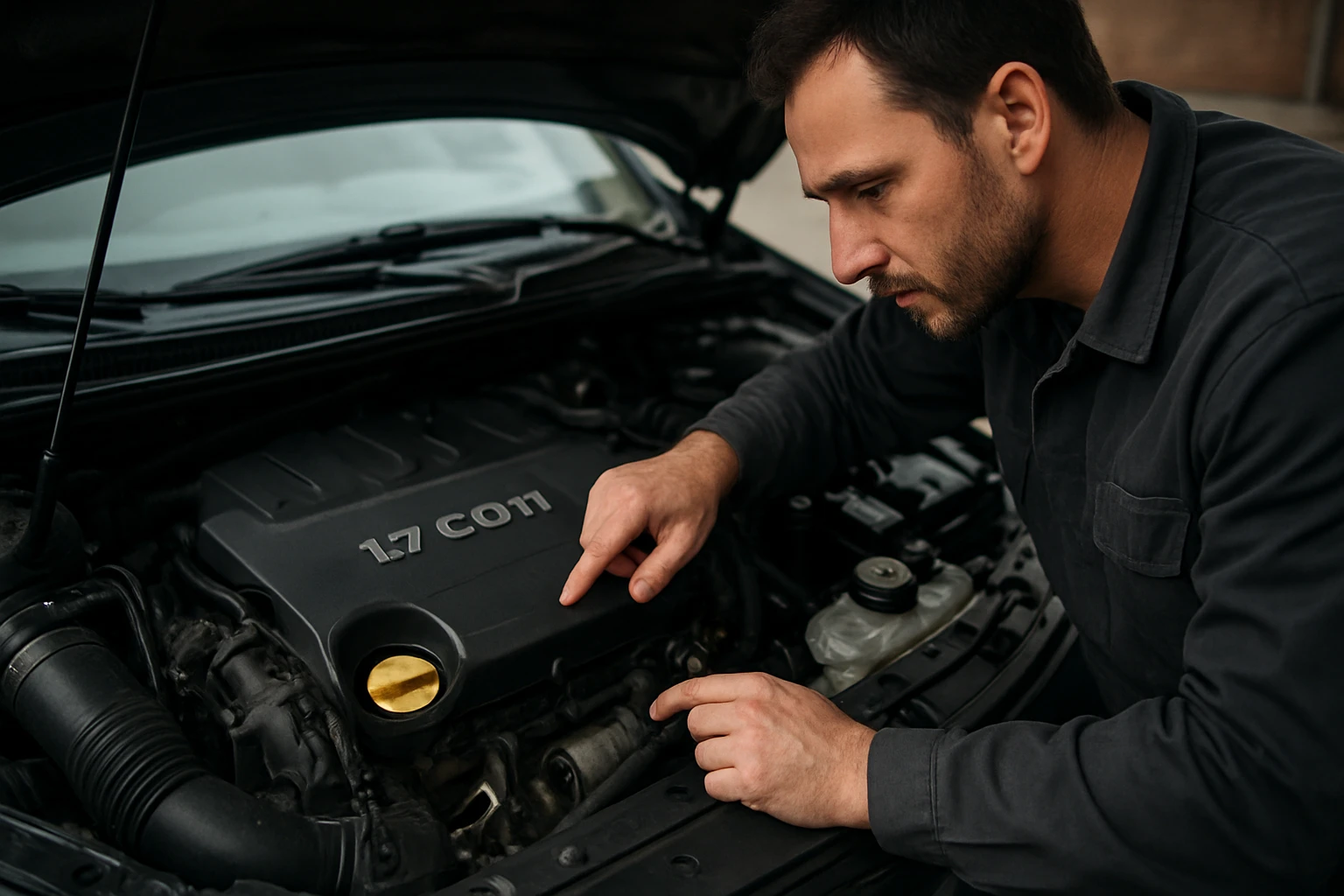 Mechanik kontroluje motor 1.7 CDTI v automobile.