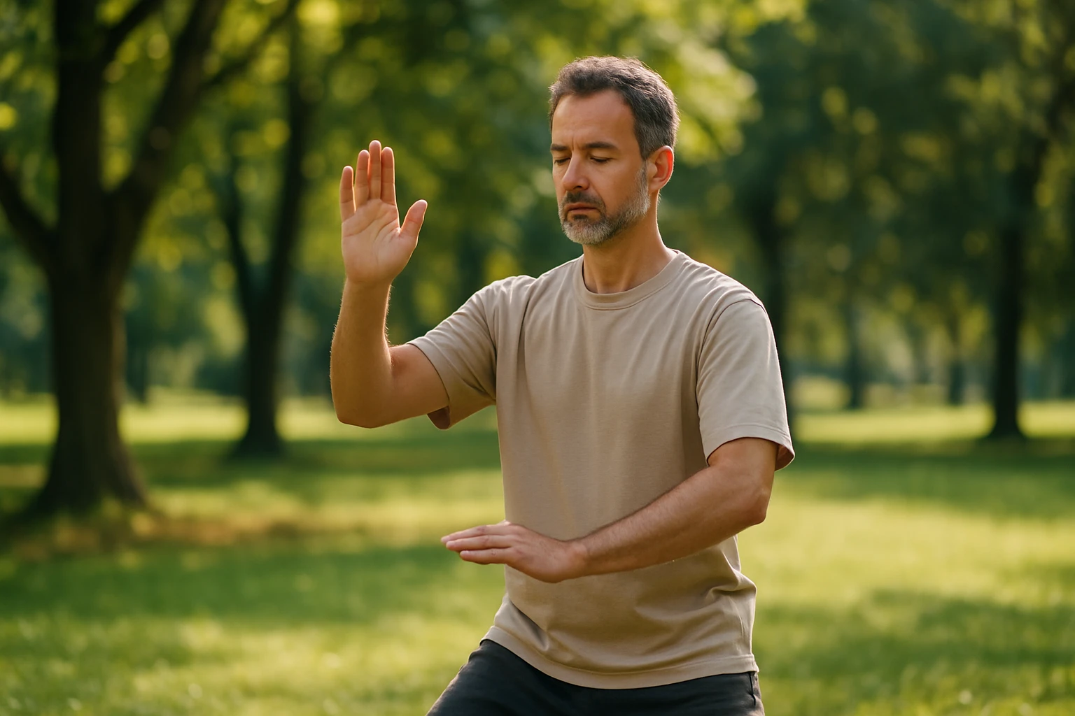 Muž cvičiaci Chi Kung v prírode