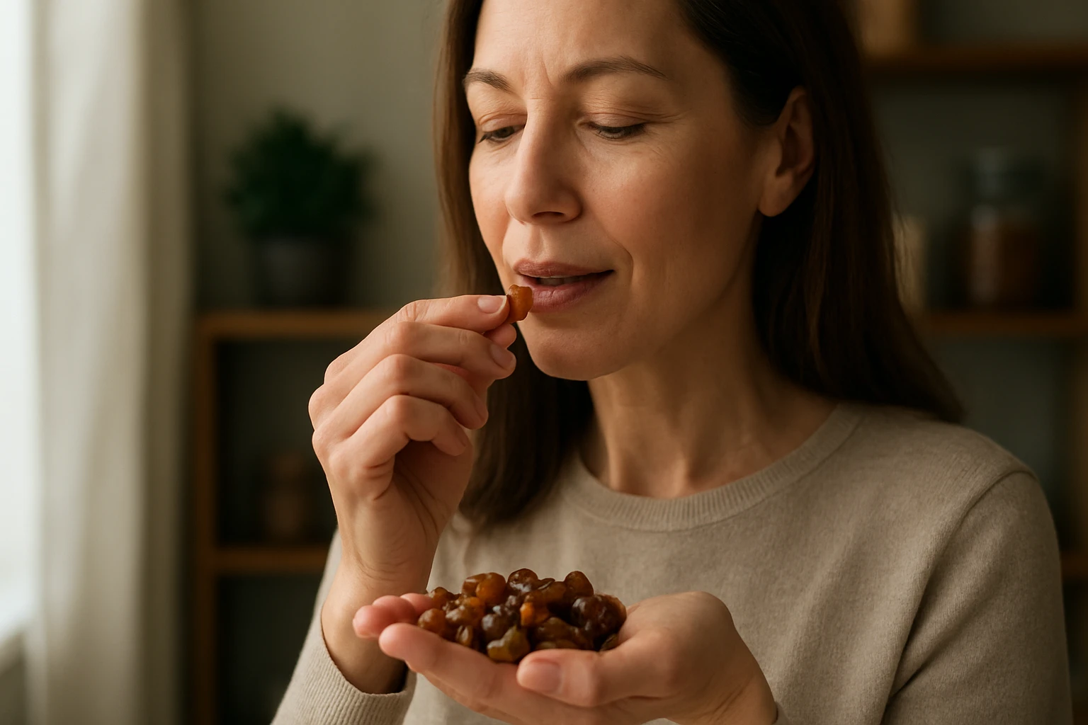 Žena vychutnáva hrozienka ako zdravý snack.