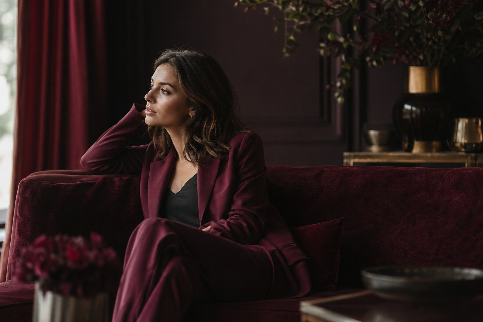 Mladá žena v bordovom obleku relaxuje na pohovke