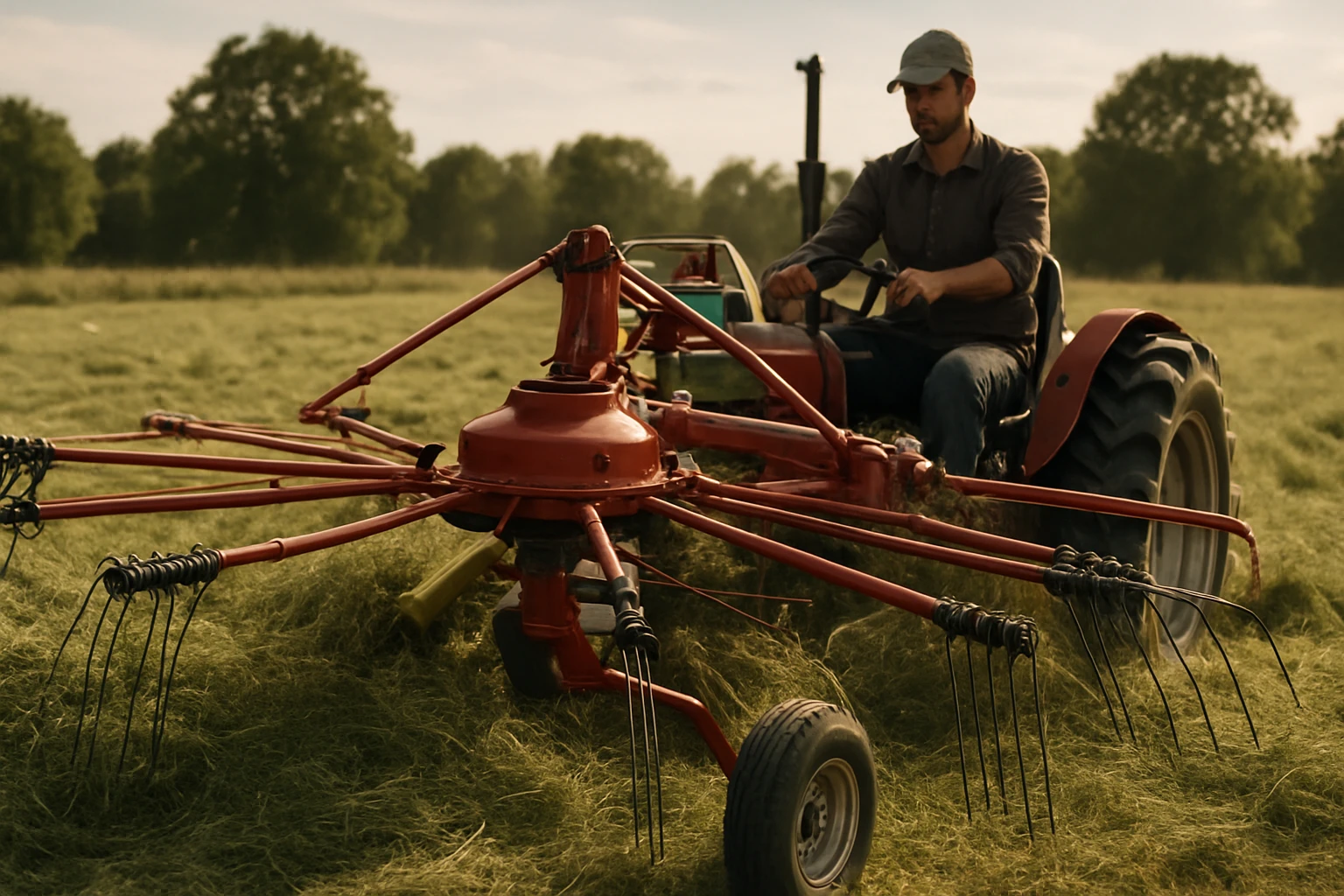 Fungovanie hviezdicového obracača sena na poli