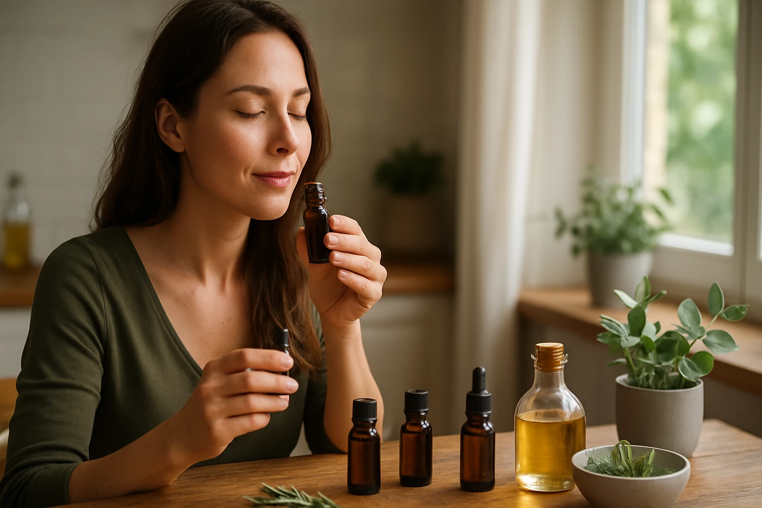 Žena si užíva vôňu éterických olejov v domácom prostredí.