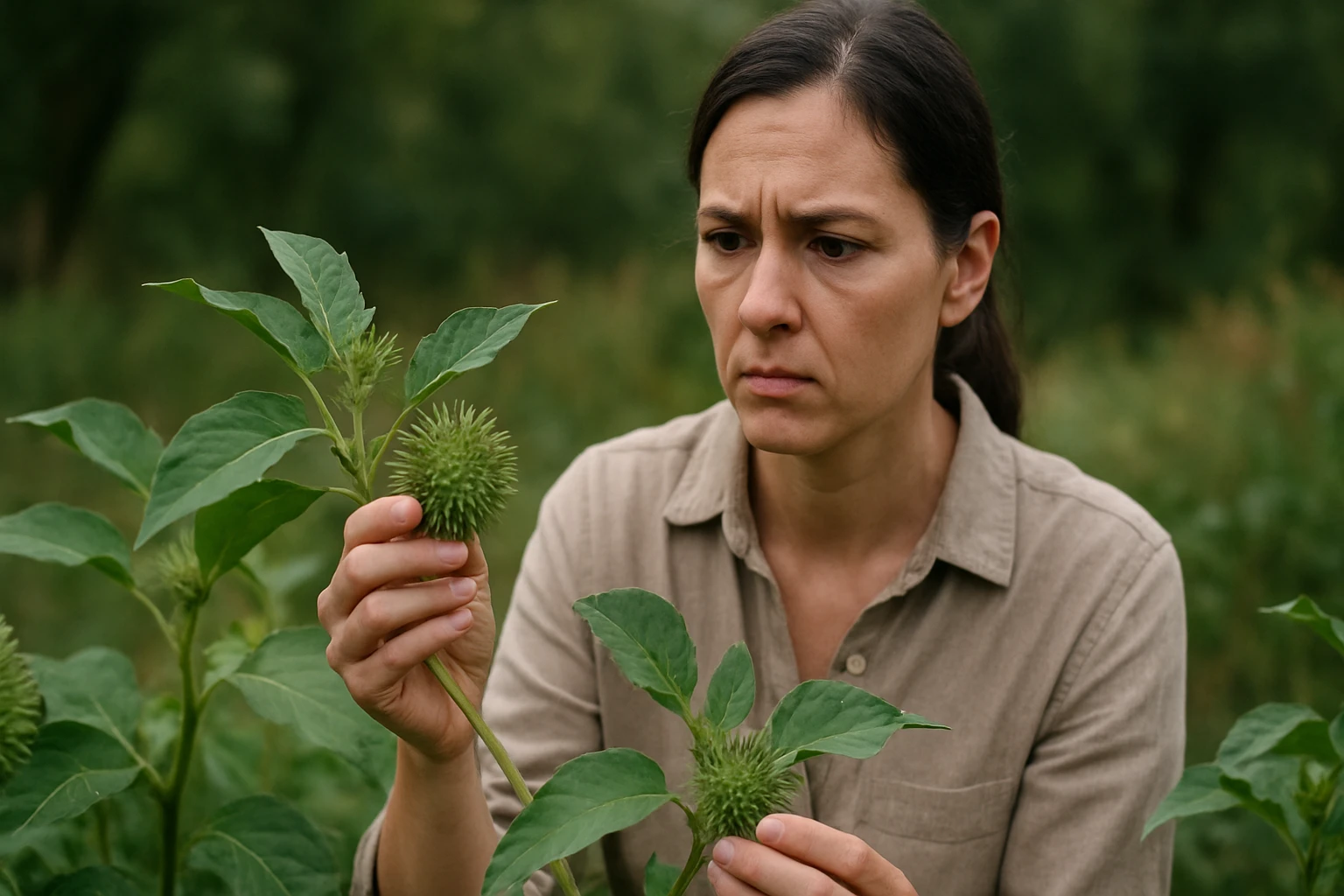 Žena skúma rastlinu ľuľkovca zlomocného v prírode.