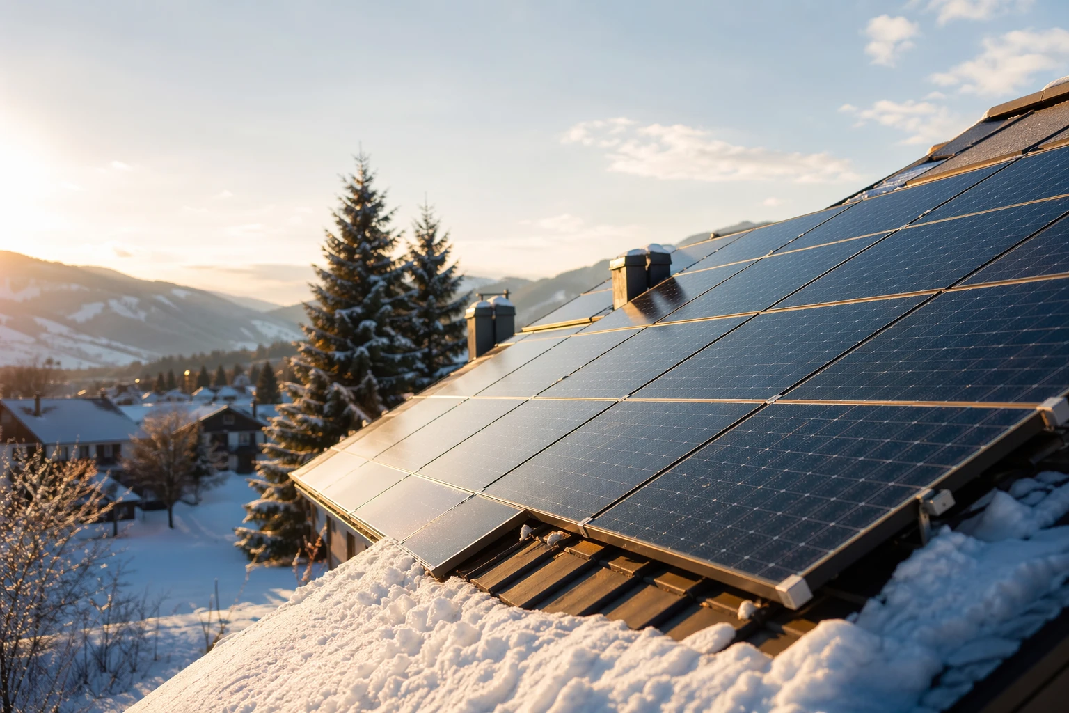 Solárne panely na streche pokrytej snehom v zime.