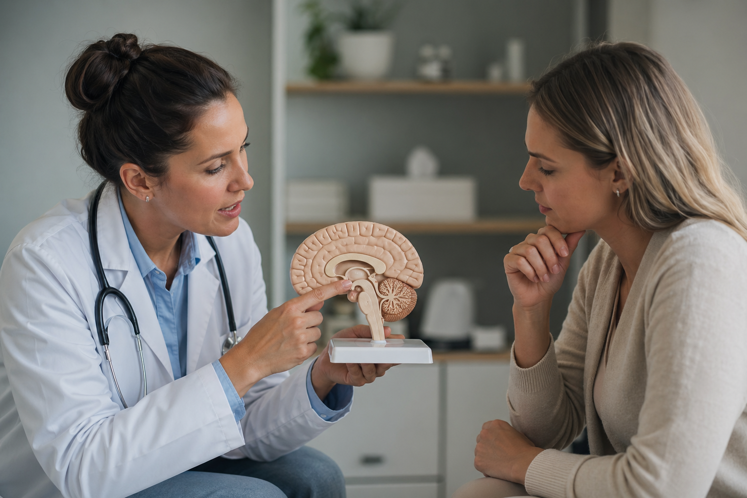 Lekárka ukazuje model hypofýzy pacientke.