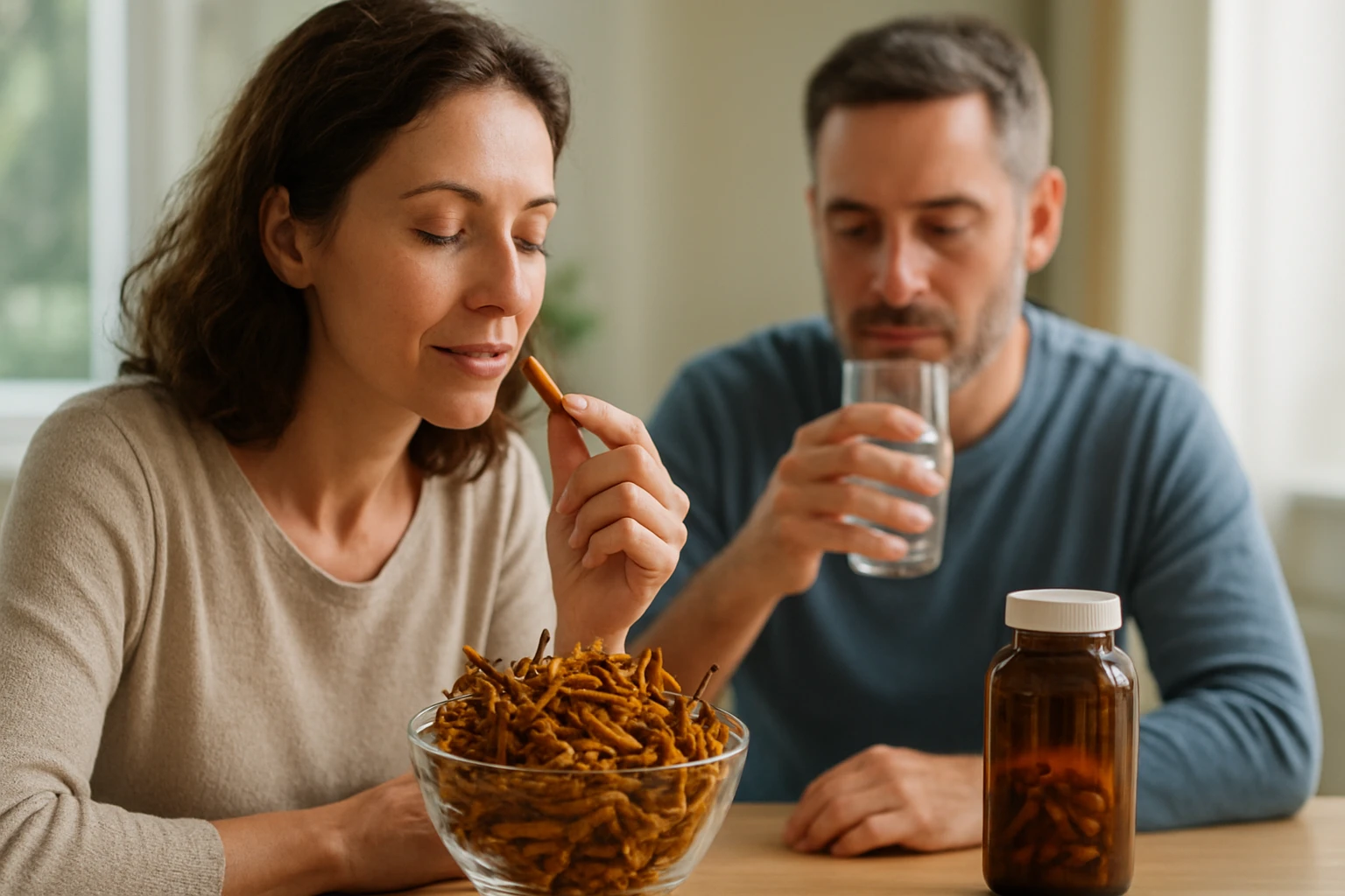 Žena a muž vychutnávajú čínsku húseničkovú hubu a jej benefity.