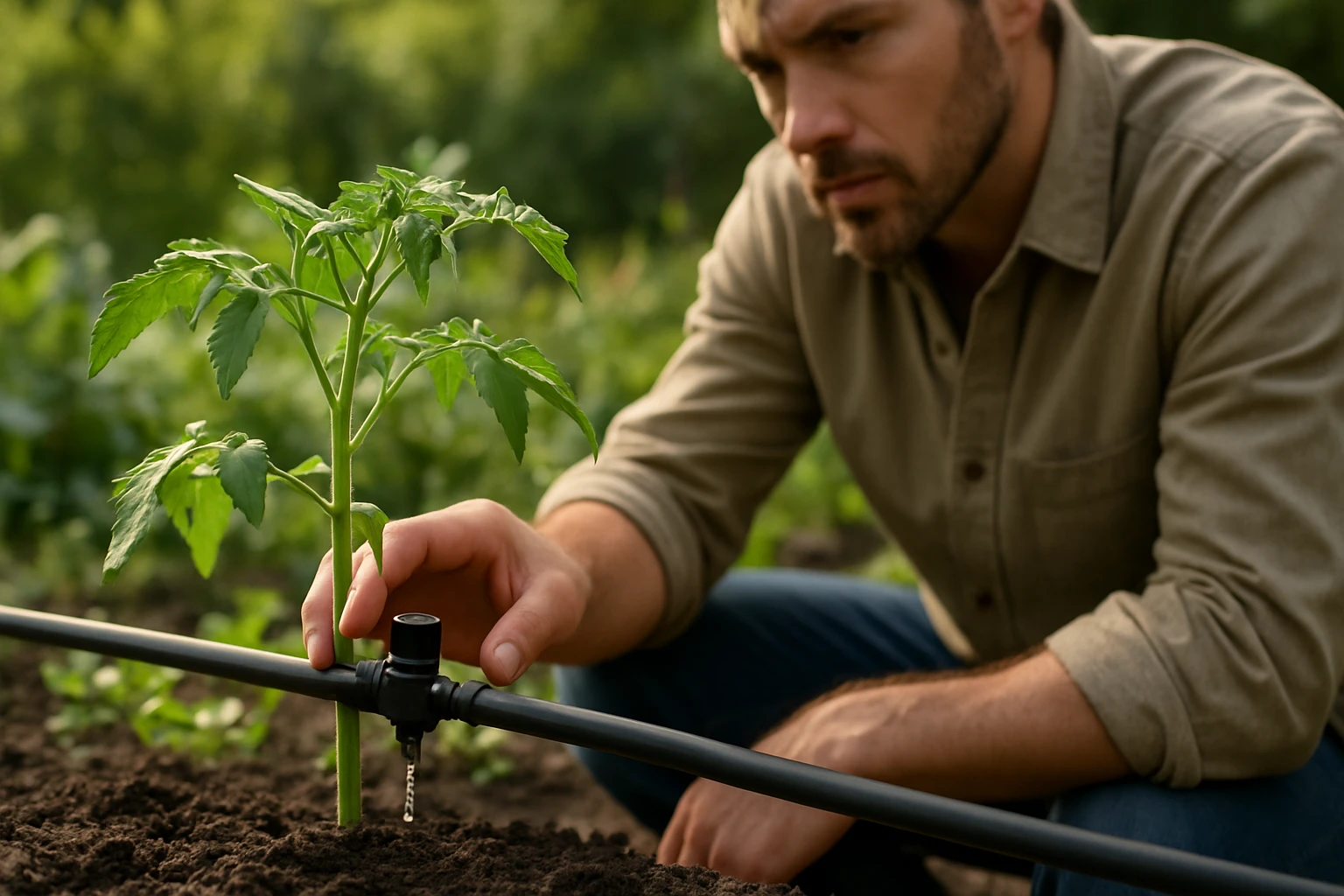 Záhradník inštaluje kvapkovú huba pri rastline rajčiny.