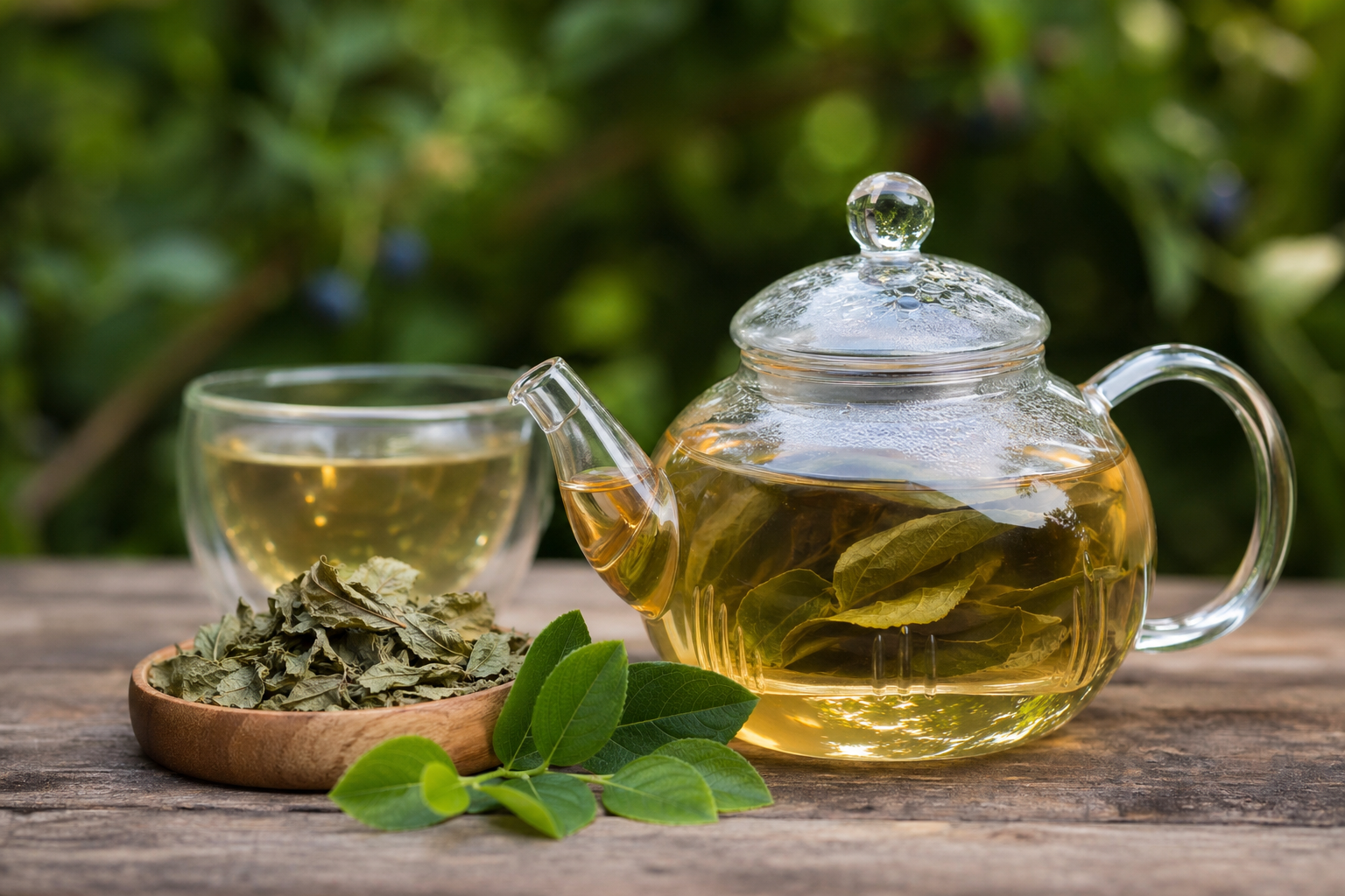 Čaj z čučoriedkových listov v sklenenej kanvici a šálke.