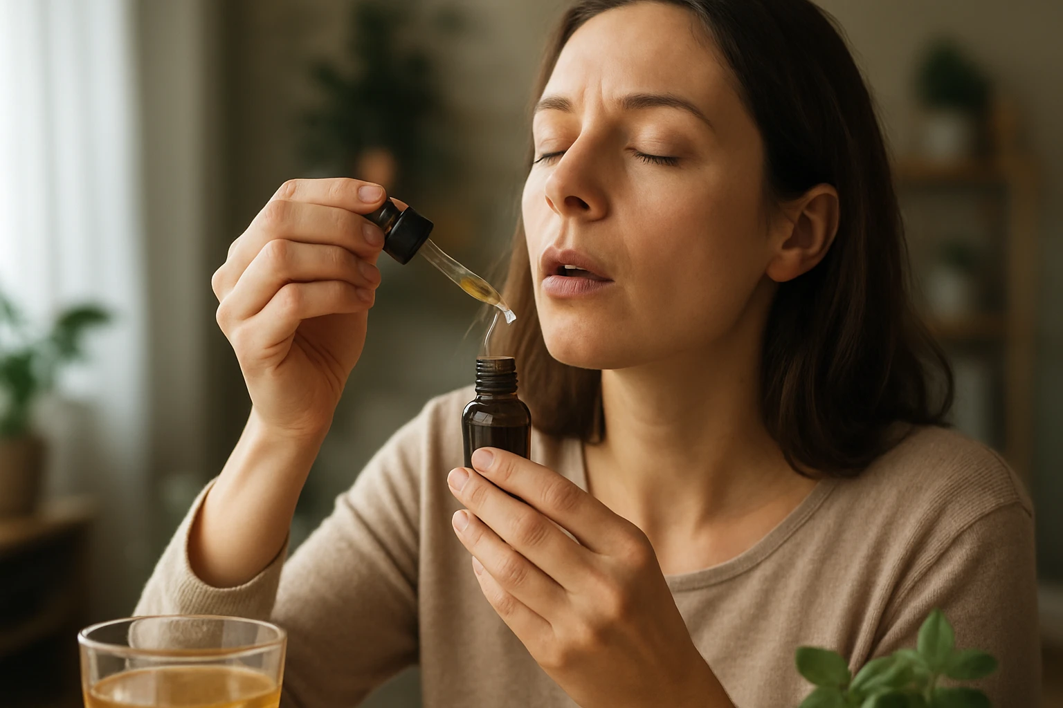 Žena aplikuje kvapky Ezerjófű pre duševnú rovnováhu.