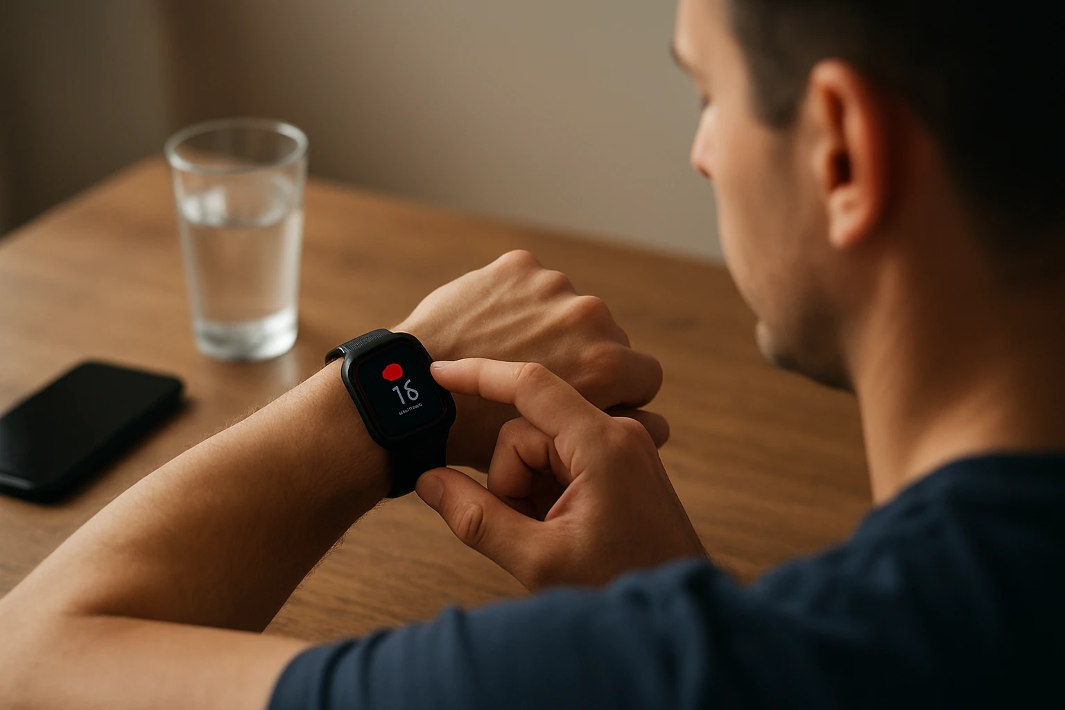 Muž s inteligentnými hodinami na zápästí sleduje aktivitu a zdravie.