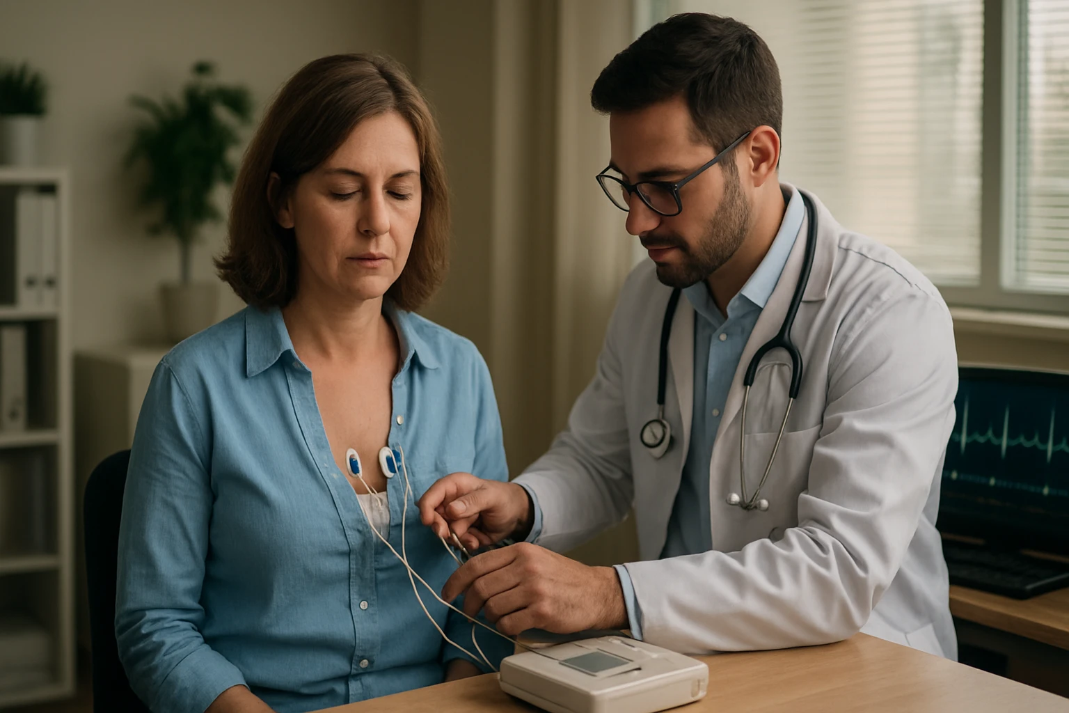 Lekár vykonáva EKG vyšetrenie na pacientke s liekom Frontin.