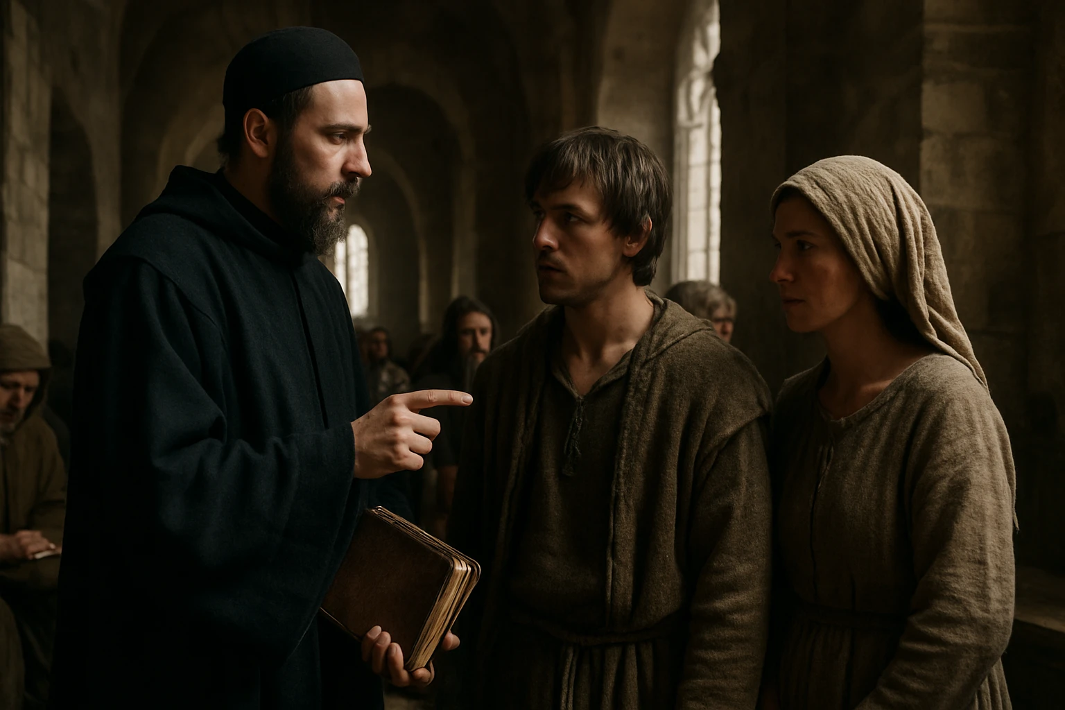 Diskusia medzi mnichom a dvoma stredovekými obyvateľmi v kostole.