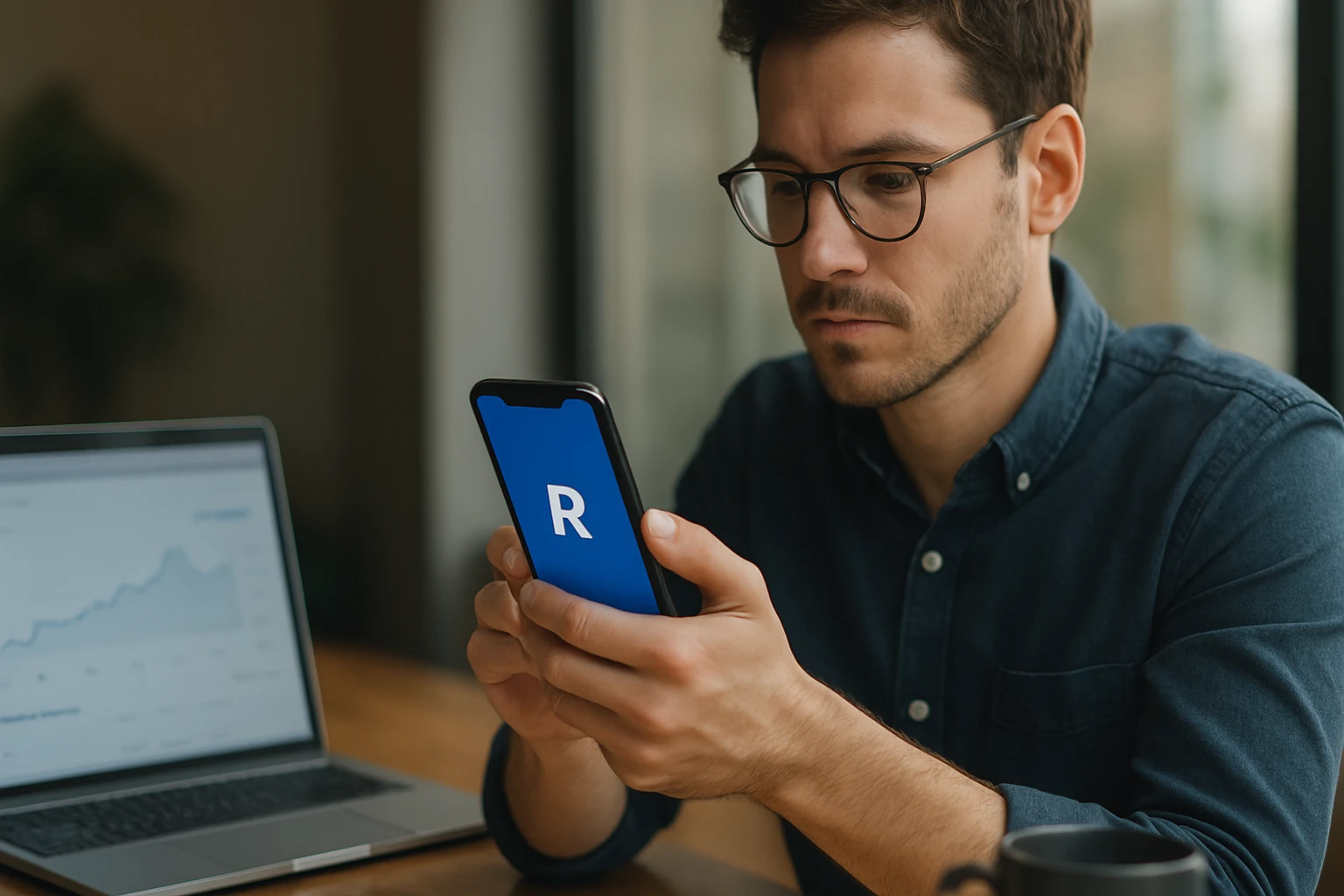 Muž s mobilným telefónom používajúci aplikáciu Revolut na online platby.