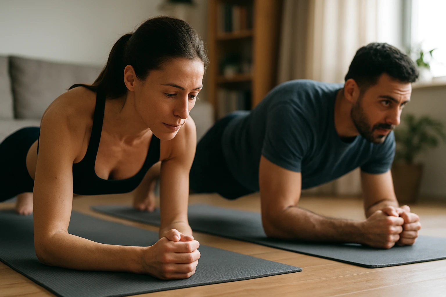 Dvojica cvičencov vykonáva plank na cvičebných podložkách v interiéri.